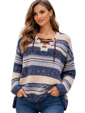 Chaps Southwestern Lace-Up Sweater Blue Cream Knit Pullover Large
